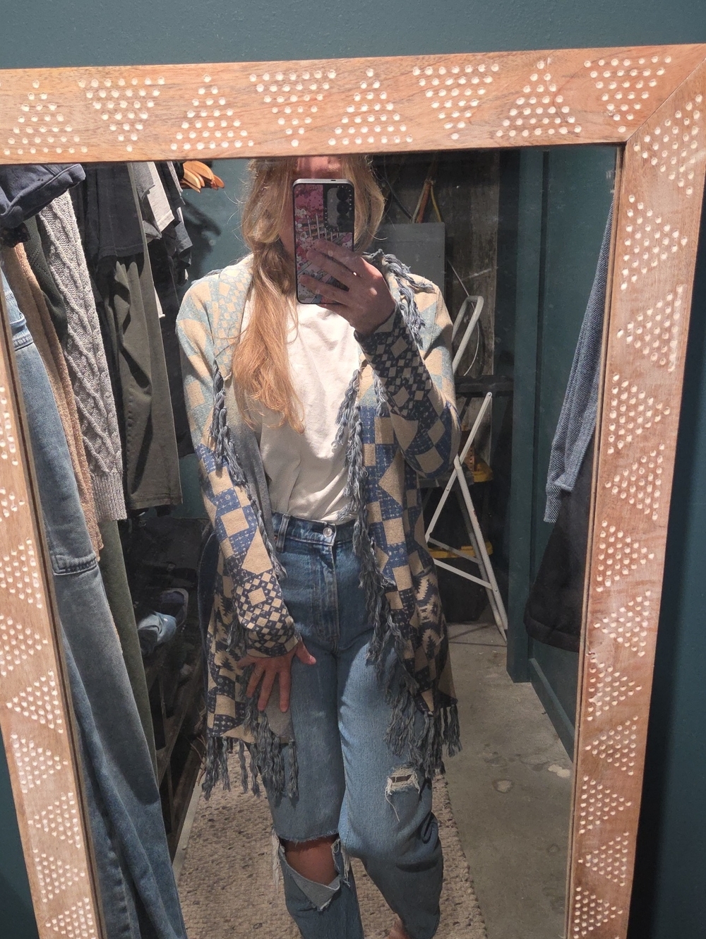 Tasha Polizzi Blue and Cream Geometric Fringe Cardigan